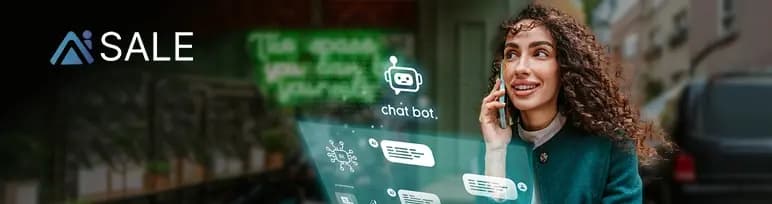 A smiling woman with curly brown hair wearing a green jacket talks on her smartphone outdoors, with a glowing digital interface featuring a chatbot icon and text elements hovering in front of her, and the text "AI SALE" displayed in the top left corner.